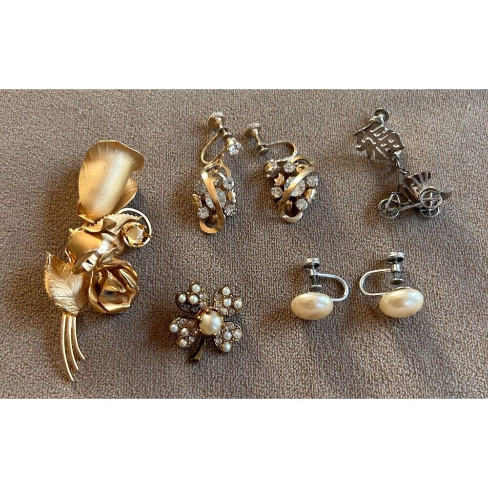 Lot of Vintage jewelry rose pin clover pearl sterling earrings screw back